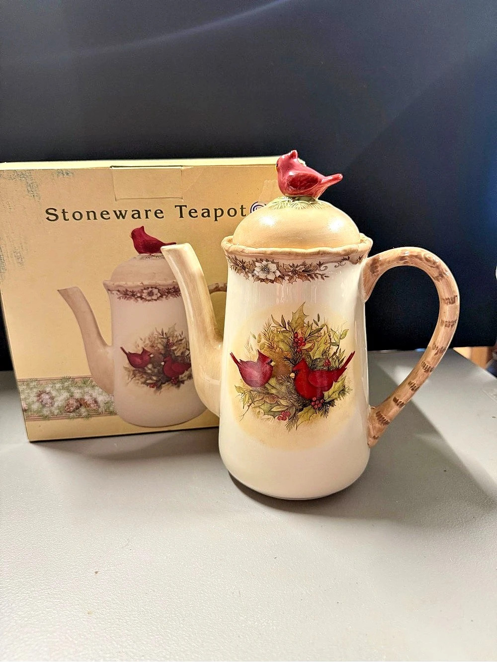 Cracker Barrel Stoneware Teapot Floral Cream & Red
